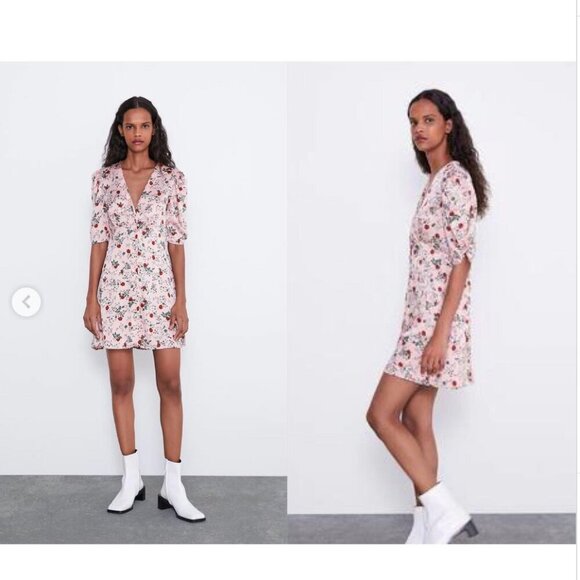 Zara Satin Effect Rose Floral Button Front Short Sleeve Dress Pink Size Medium - Picture 2 of 9